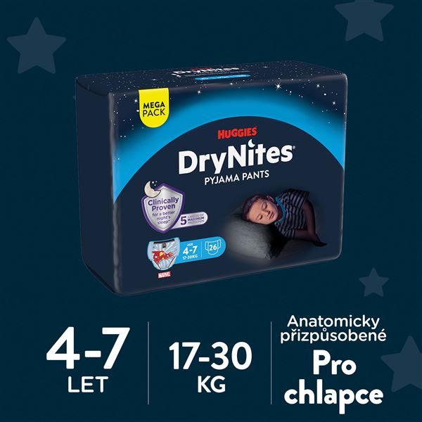 Navlékací kalhotky DryNites Mega pro chlapce 4-7 let, 26ks