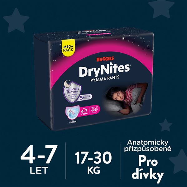Navlékací kalhotky DryNites Mega pro dívky 4-7 let, 26ks