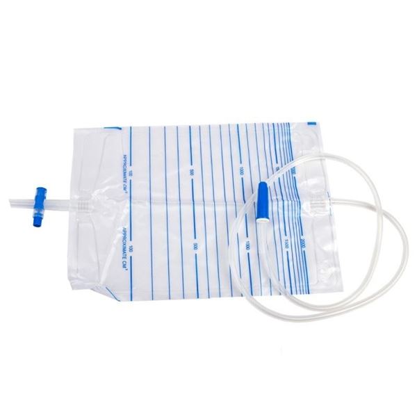 SÁČEK URINÁLNÍ S DOLNÍ T-VÝPUSTÍ,2000ML,DÉLKA PŘÍV.HADICE 90CM,ZPĚT.VENTIL,STERILNÍ,10KS